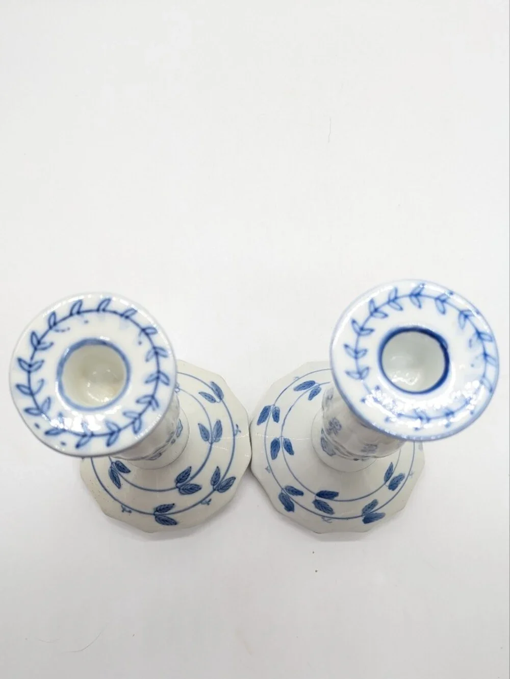 Vintage Wah Yan Blue White Porcelain Floral Candlestick Holders - Set Of 2